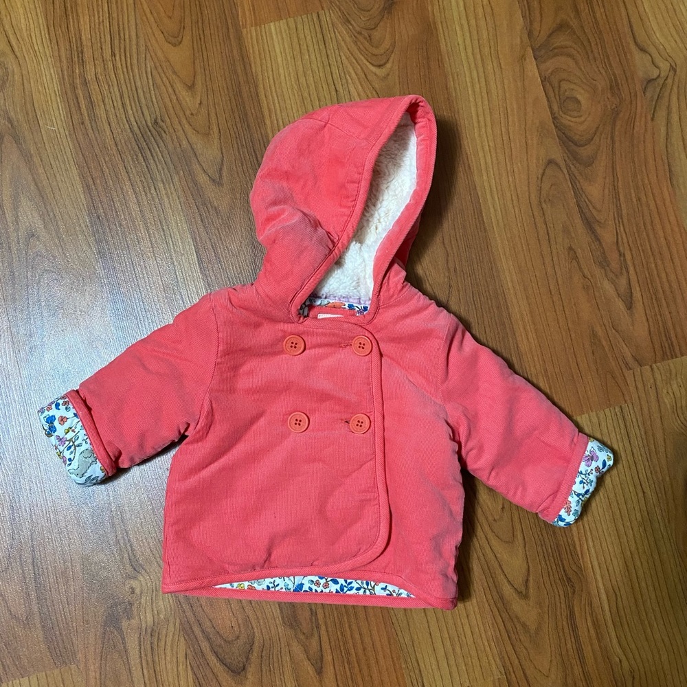 BABY BODEN pink fine corduroy button front coat colorful forest animals dreamy